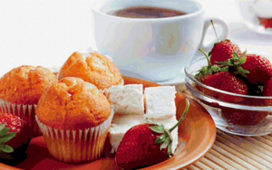 натюрморт - клубника, натюрморт, ягоды, кофе, булочка - предпросмотр