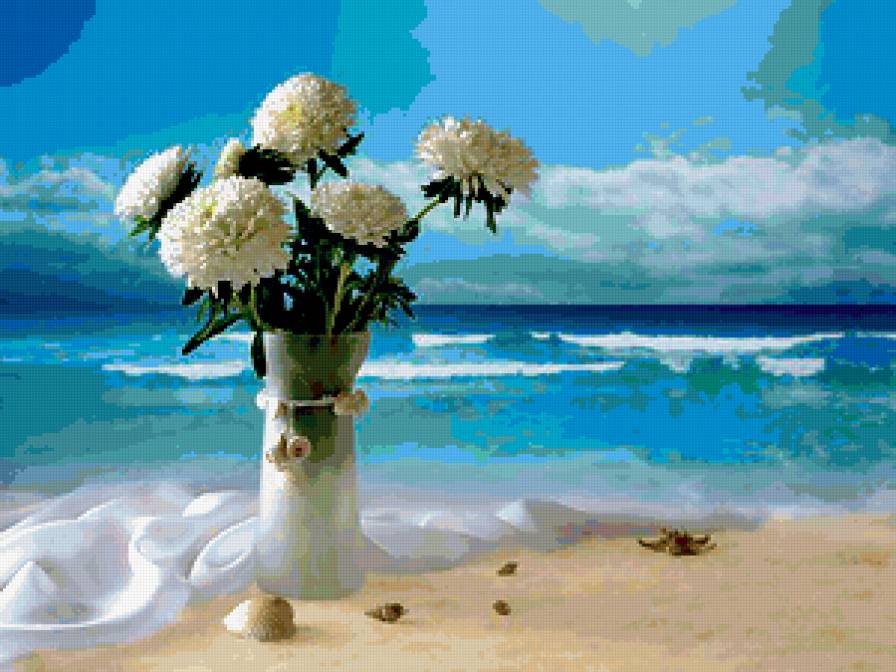 Мечты - пейзаж, море, цветы, букет, волны - предпросмотр