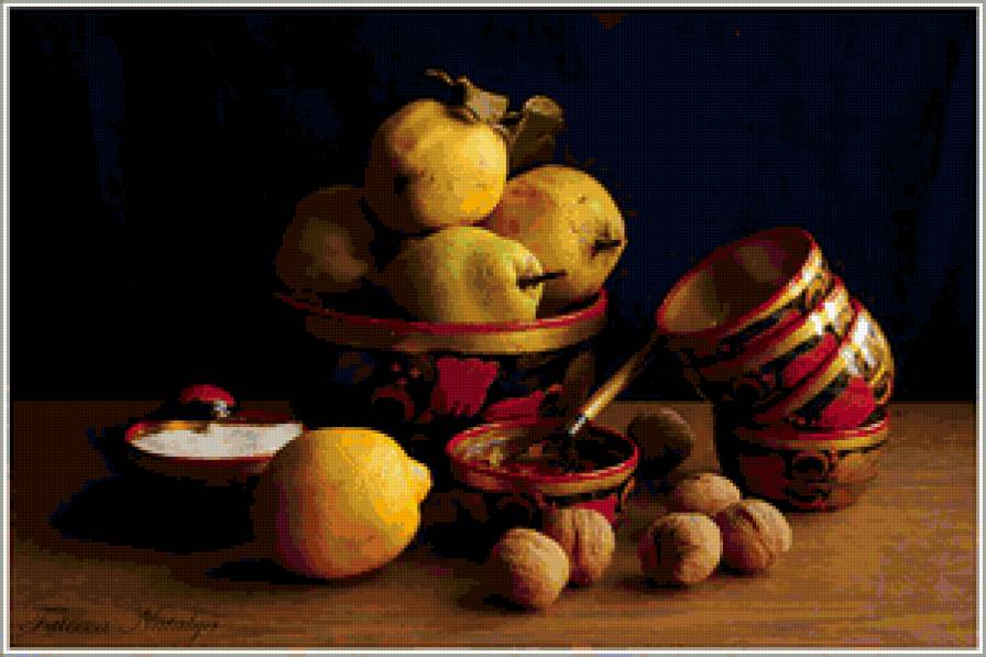 №366381 - натюрморт, хохлома, фрукты, орехи - предпросмотр