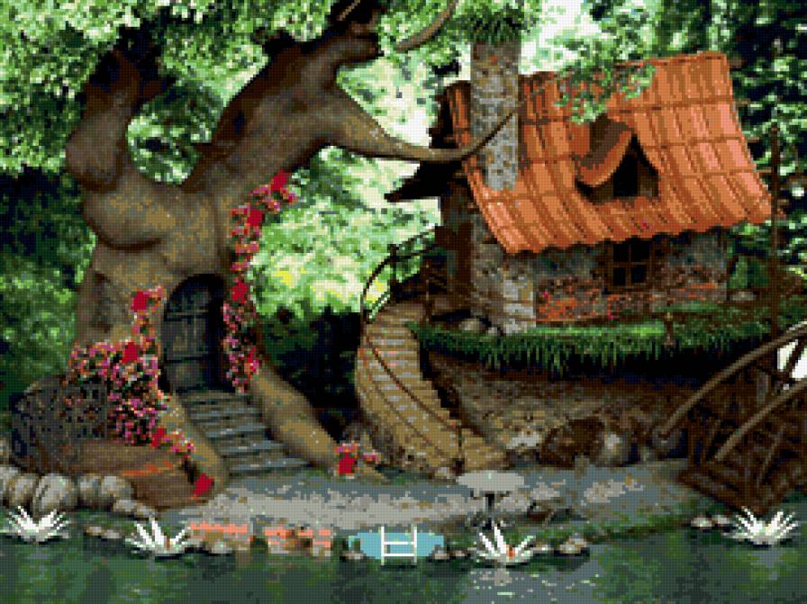 домик - природа, дом, дерево, река, , лес - предпросмотр