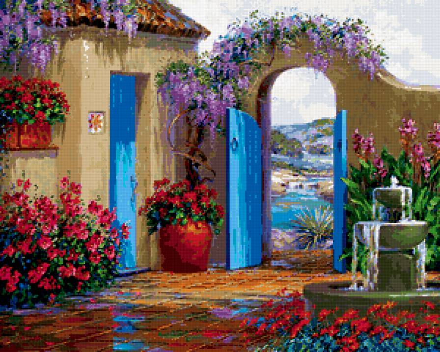 дворик - дверь, дом, уют, фонтан, букет, горы, цветы, горшки, картина - предпросмотр