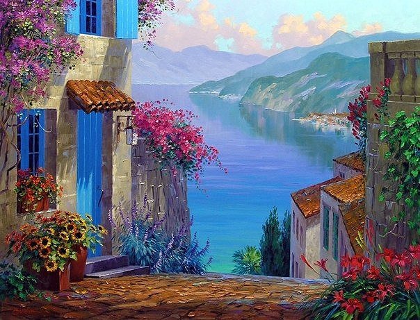улицы - цветы, море, вид, дорога, подсолнухи, дом, горы - оригинал
