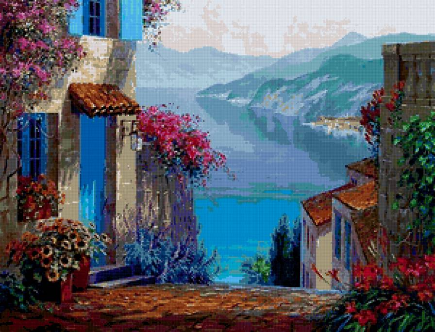 улицы - цветы, дорога, дом, горы, море, подсолнухи, вид - предпросмотр