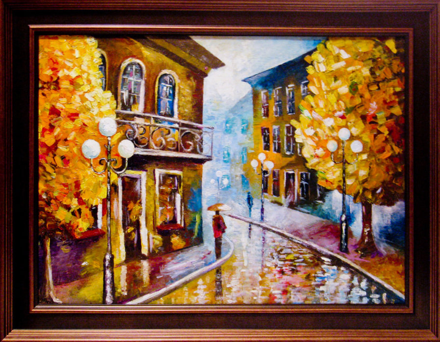 №367339 - дождь, люди. дома, улица, город, живопись, осень - оригинал