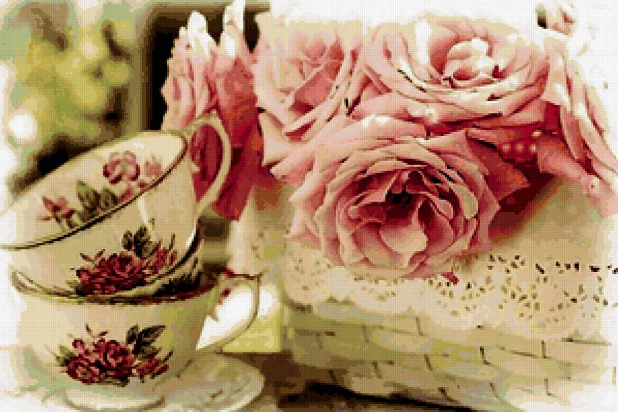 для кухни - букет, роза, корзина, завтрак, чашка, чай - предпросмотр