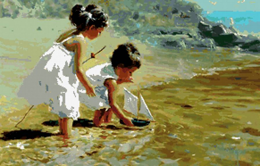 кораблик - девочка, дети, детство, море, вид, скалы, мальчик, мир, ребенок, корабль - предпросмотр