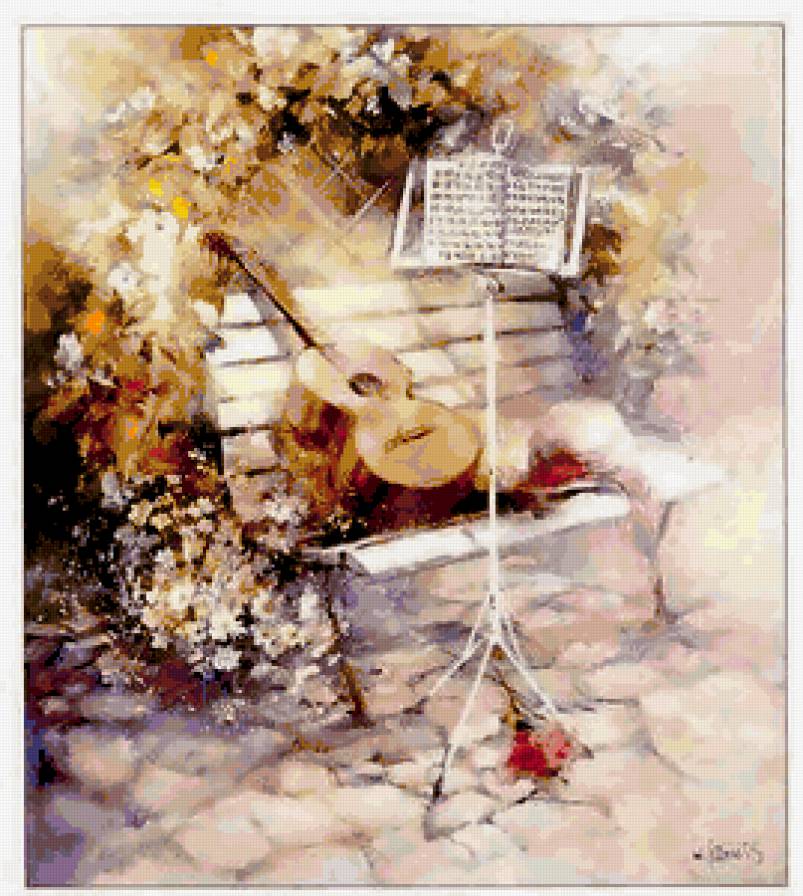 гитара - ноты, музыкант, гитара, шляпа, музыка, цветы - предпросмотр