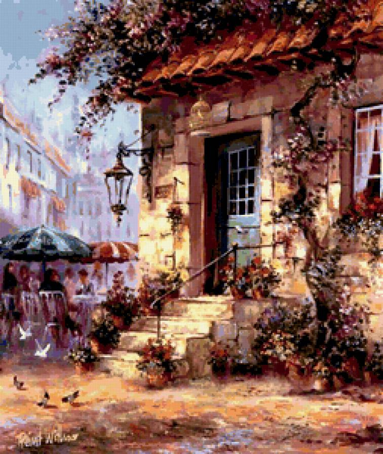 летняя улица - домик, кафе, окно, фонарь - предпросмотр