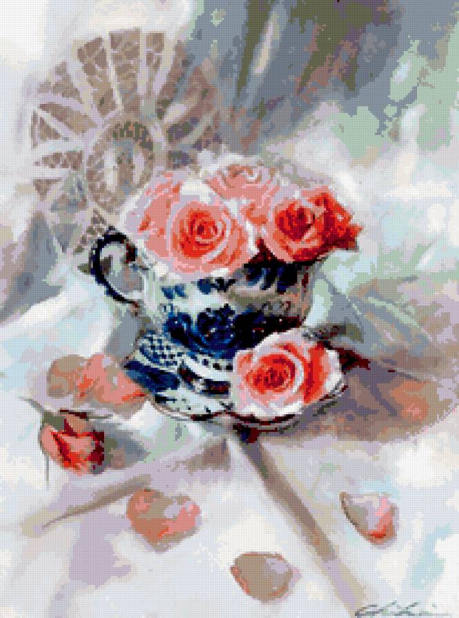 розы - натюрморт, букет, чашка, роза, цветы - предпросмотр