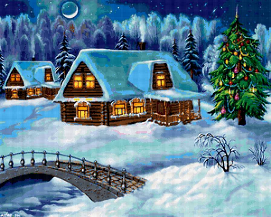 Новогодняя ночь - луна, дома, деревня, мост, елка - предпросмотр