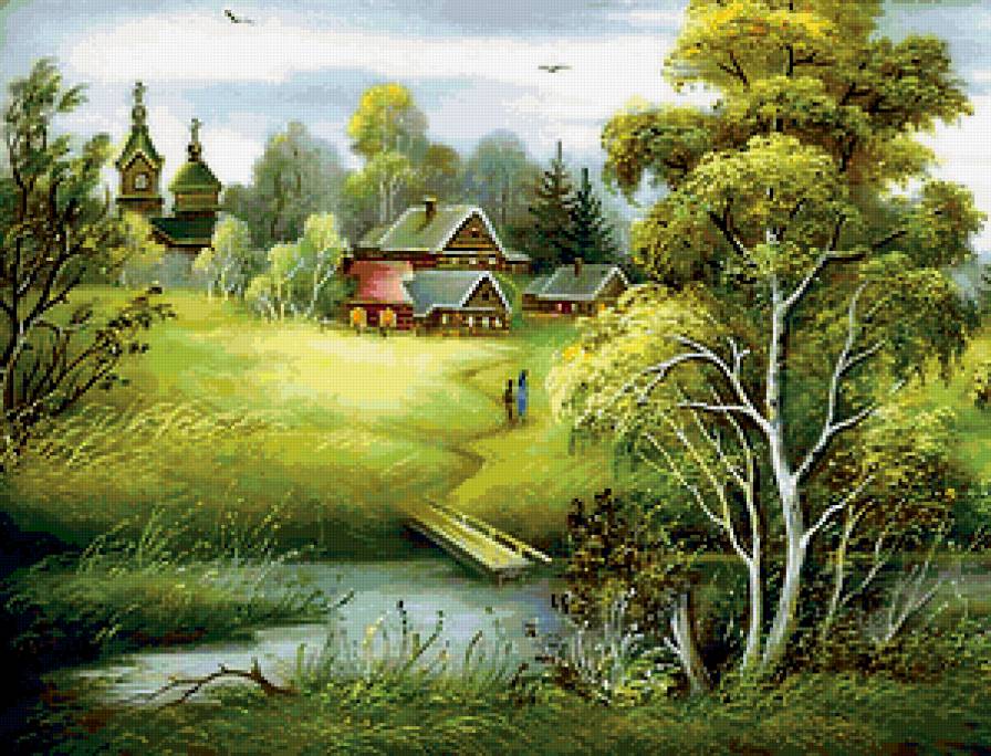 Сельский пейзаж - река, пейзаж, домики - предпросмотр