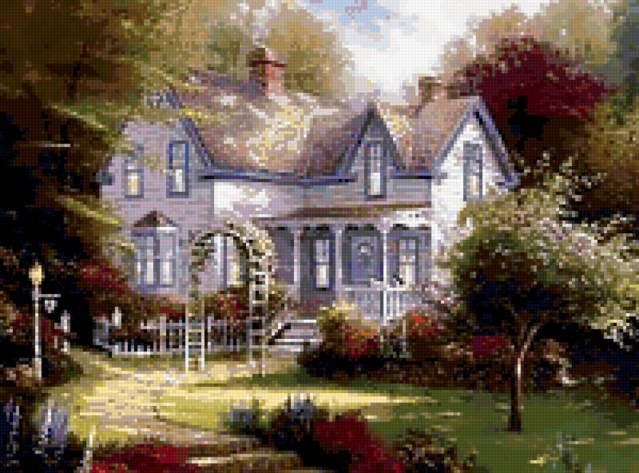 домик - цветы, дом, деревья, лето - предпросмотр