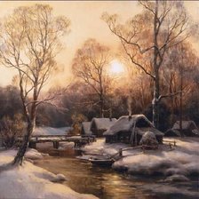 Схема вышивки «Зимняя деревня.Закат, (По картине М.Сатарова)»