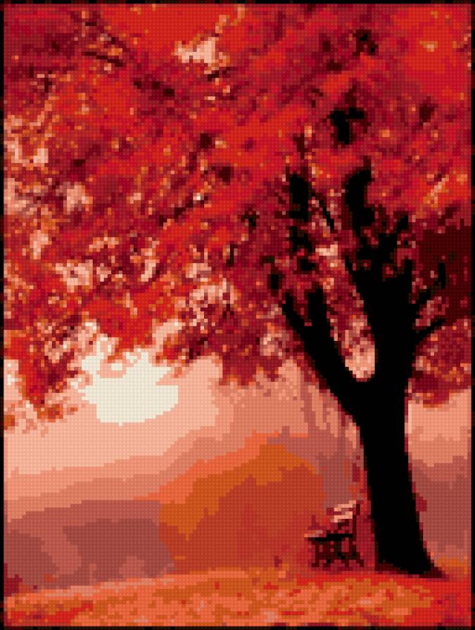 Красный закат. - осень, дерево, лавочка, пейзаж - предпросмотр