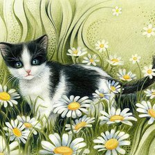 Схема вышивки «Киска в ромашках»