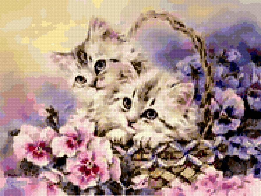 Кошечки в корзинке - кошки, цветы, котята в корзине. - предпросмотр