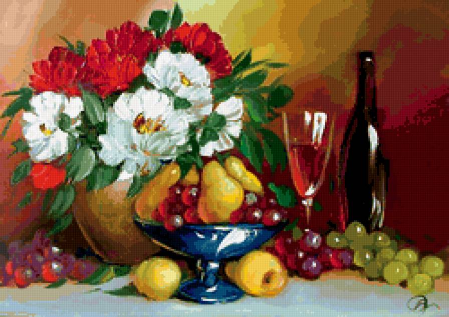 натюрморт - натюрморт, фрукты, буке, цветы - предпросмотр