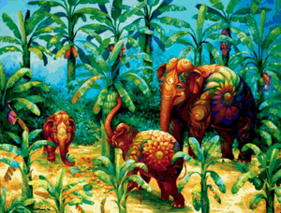 Разноцветные слоны Kris Surajaroenjai  2 - животные, картина, живопись, слоны - предпросмотр