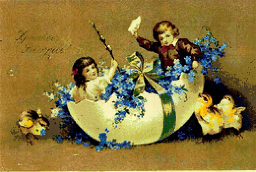 ретро дети - девочка, пасха, дети, цветы, цыплята, ретро - предпросмотр