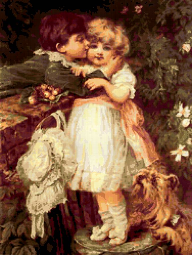 ретро дети - девочка, дети, поцелуй, мальчик, цветы, ретро, ребенок, собачка - предпросмотр