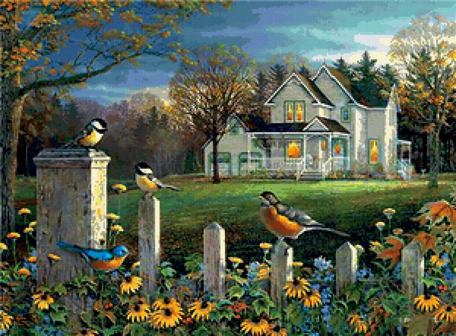 летний пейзаж - лето, дом, цветы, птицы, природа - предпросмотр