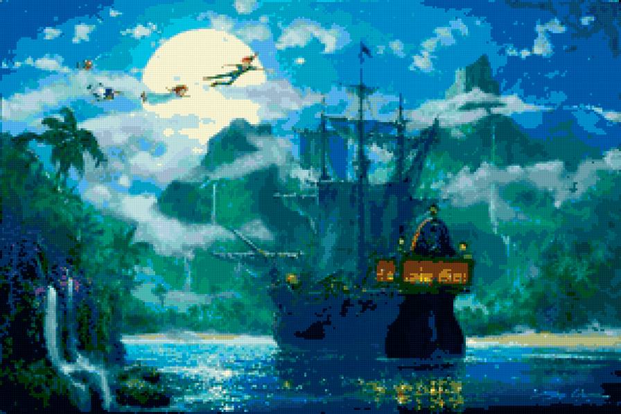 сказки диснея - горы, корабль, сказка, сказочная страна, дисней, море, луна, питер пен - предпросмотр