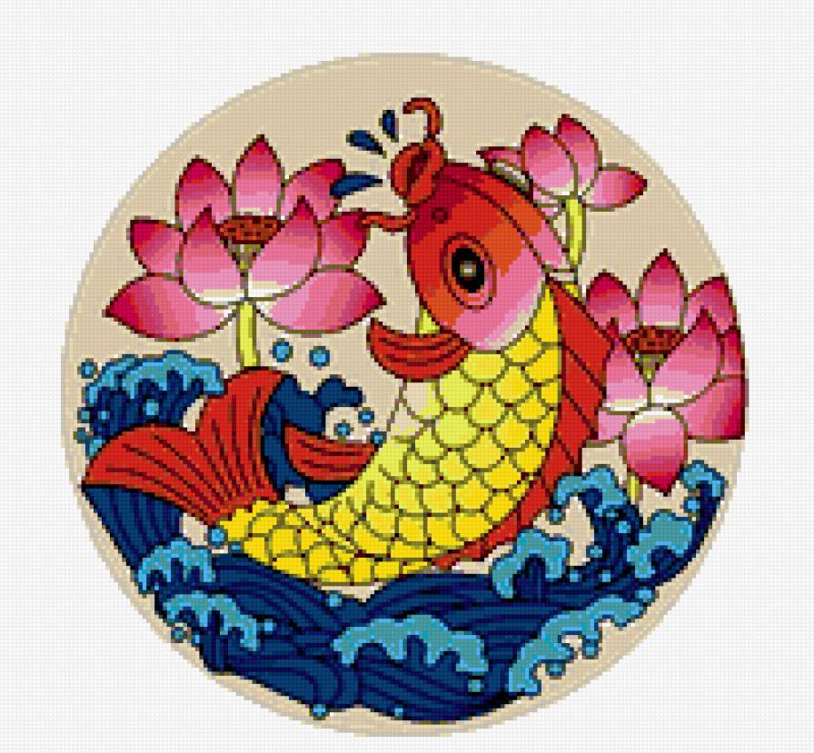 подушка - вода, рыба, лотос, волны - предпросмотр