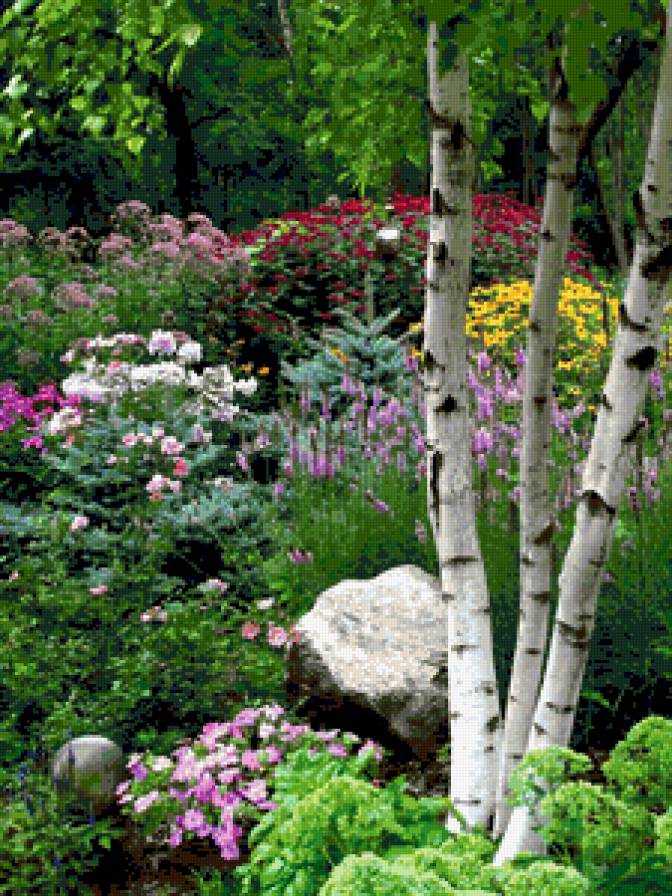 березы среди цветов - картина - предпросмотр