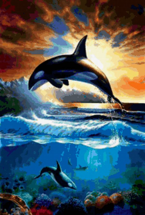 косатки - подводный мир, горы, солнце, волна, море, природа, косатка - предпросмотр