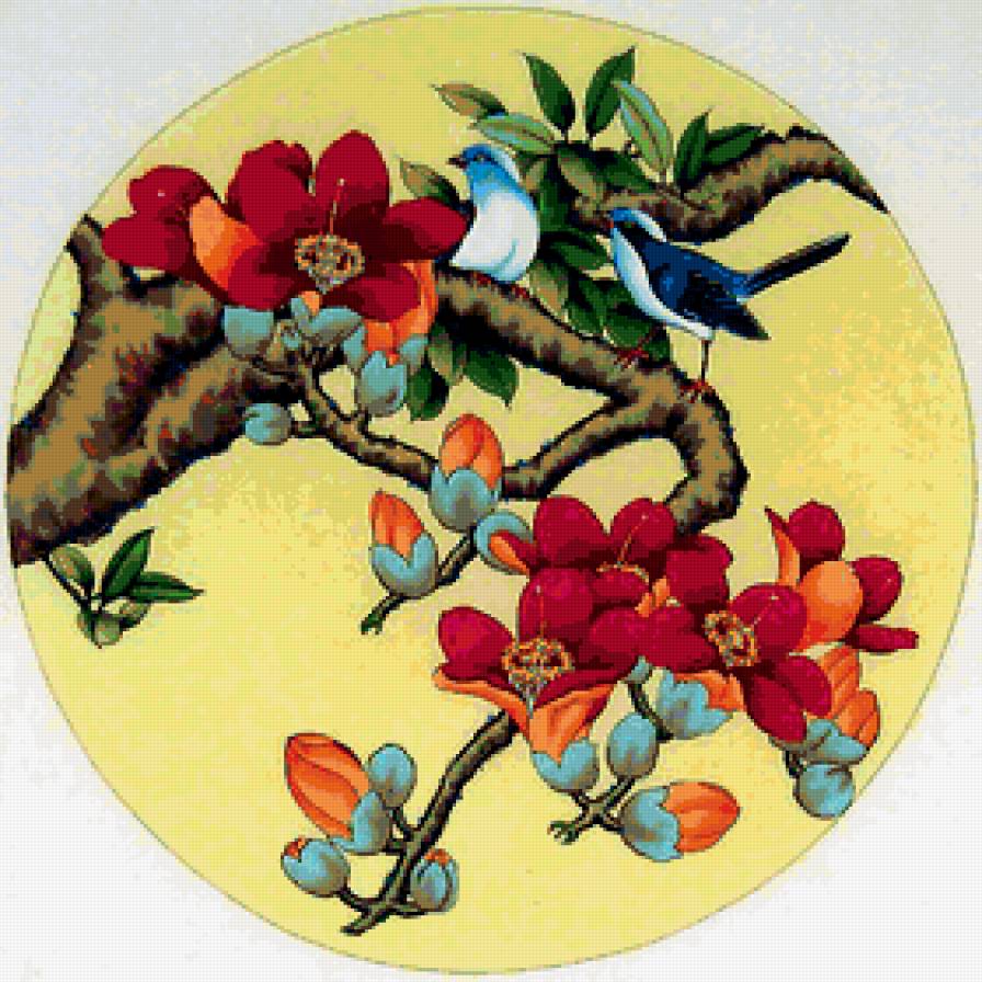 парочка птиц - живопись, птицы, китай, цветы, ветка, восток, азалия - предпросмотр