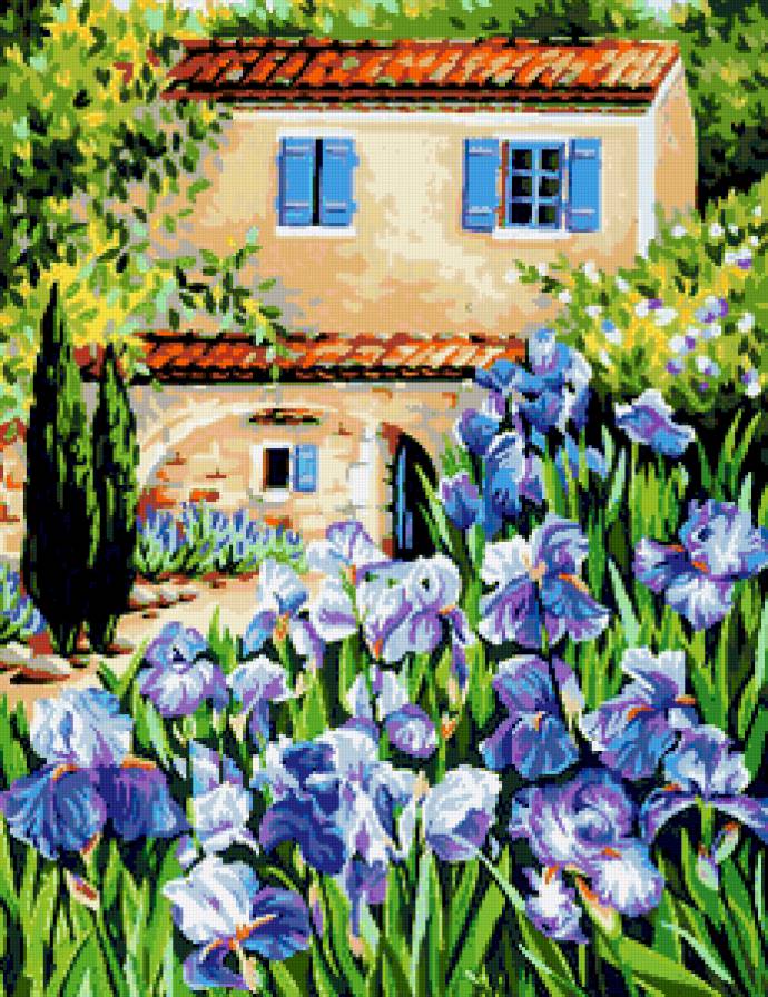 Домик и ирисы - ирис, природа, цветы, домик, райский уголок, домики - предпросмотр