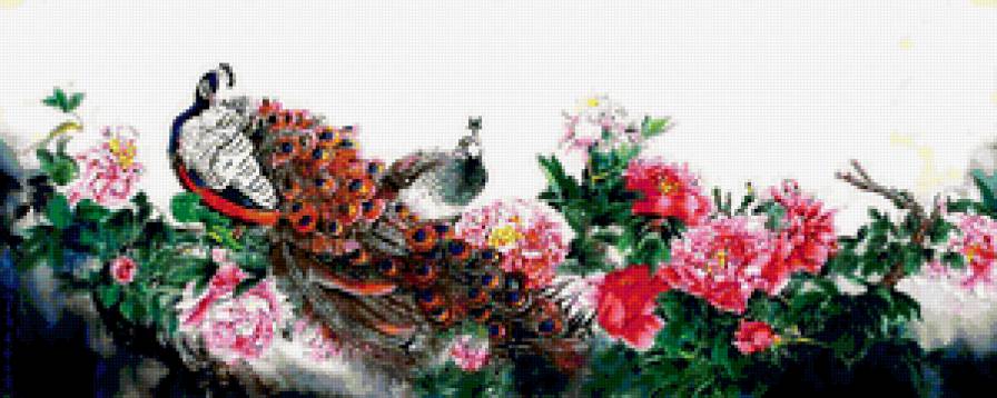 павлин - китай, пионы, восток, живопись, птица - предпросмотр