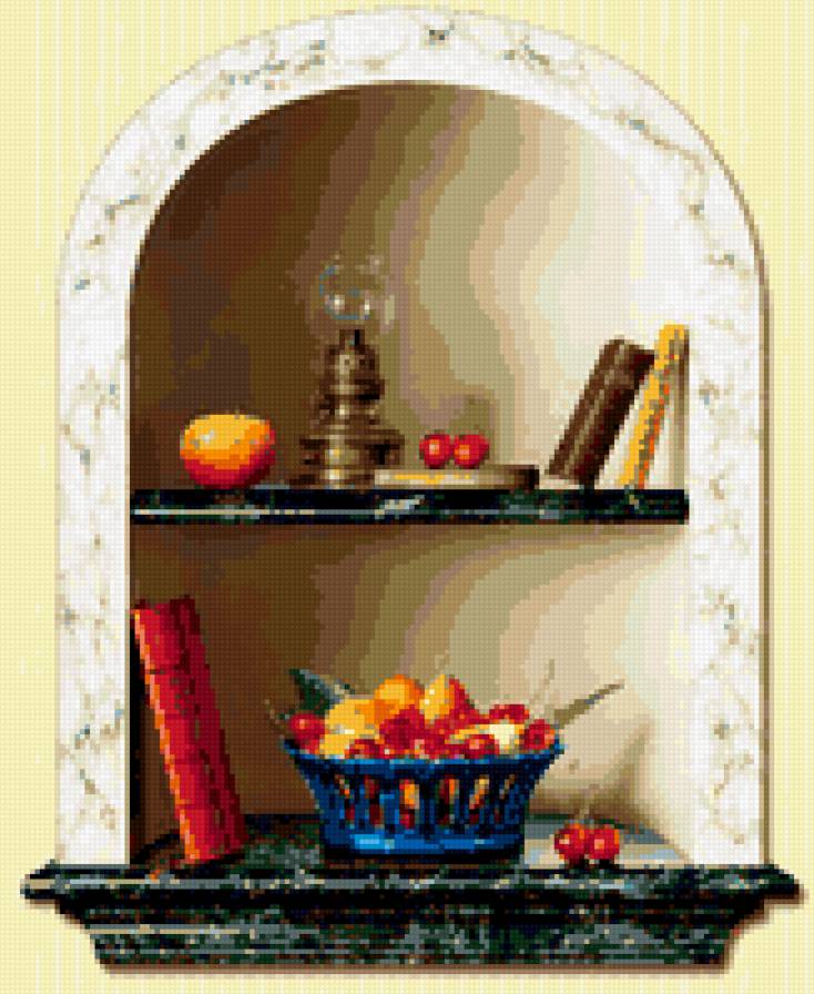 на полочке - книги, керосинка, вишня - предпросмотр