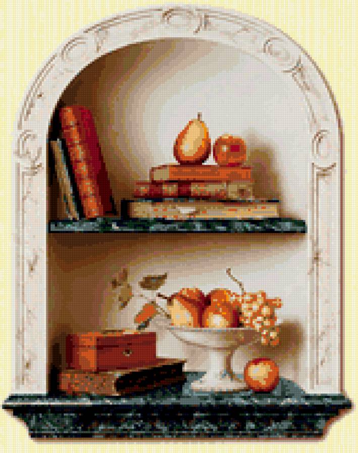 на полочке - фрукты, книги - предпросмотр