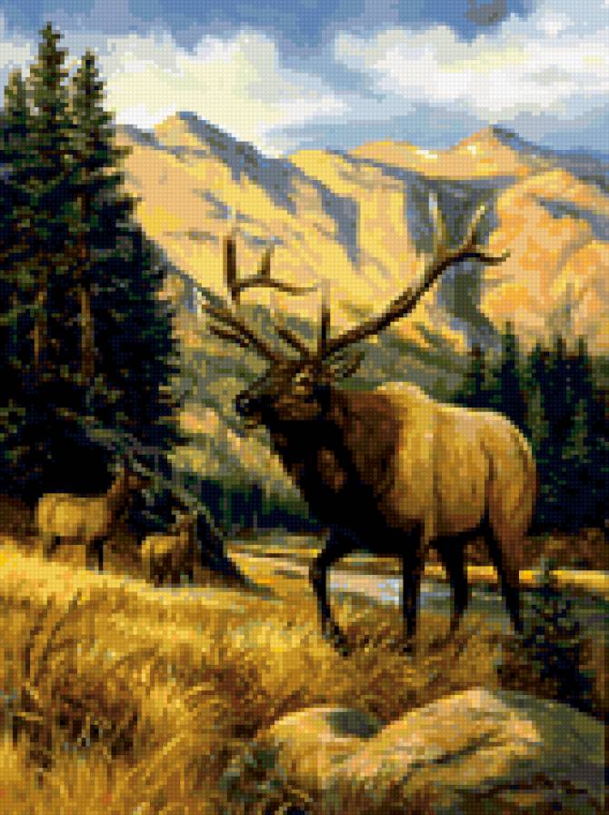 0113 - животные, красота, лось, горы, картина, лето, природа, лес - предпросмотр