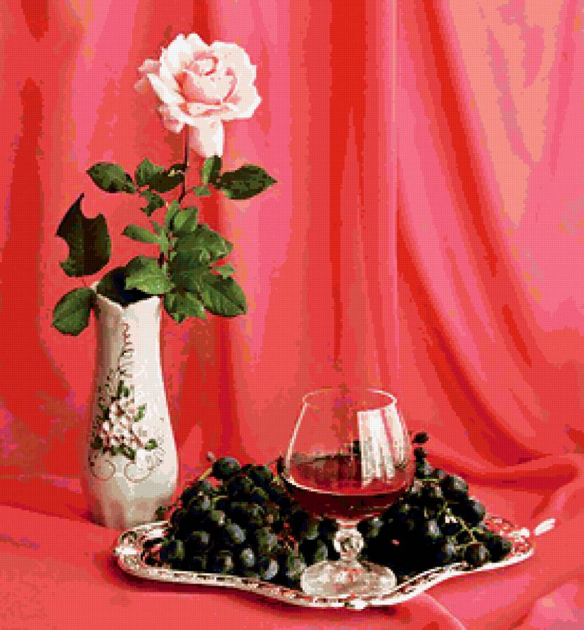 №381241 - розы, виноград, натюрморт, цветы, вино, фрукты - предпросмотр