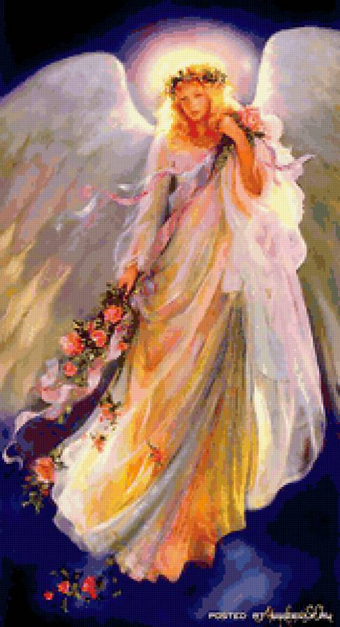 №381248 - ангел, девушка, живопись, фэнтези, цветы, ангел-хранитель - предпросмотр