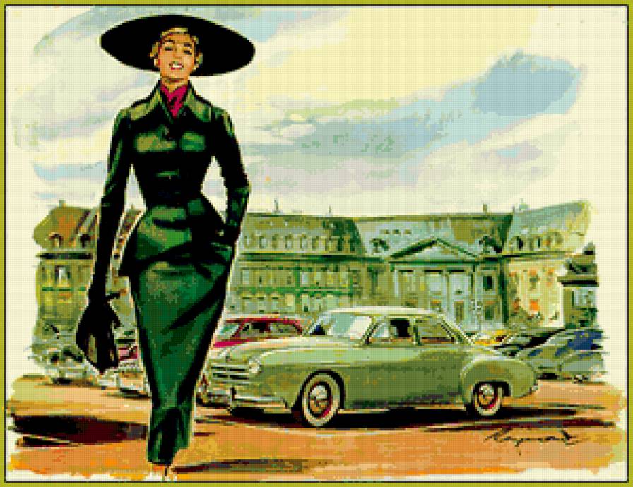 в стиле ретро - женщина, машины, город - предпросмотр