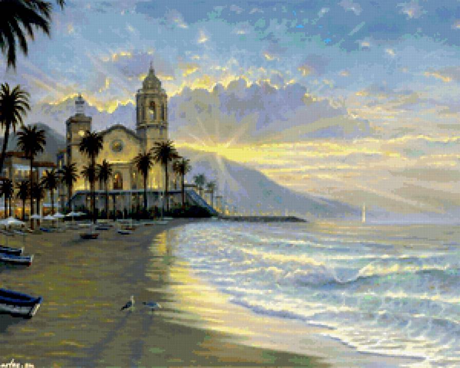 картина - море, чайки, город - предпросмотр