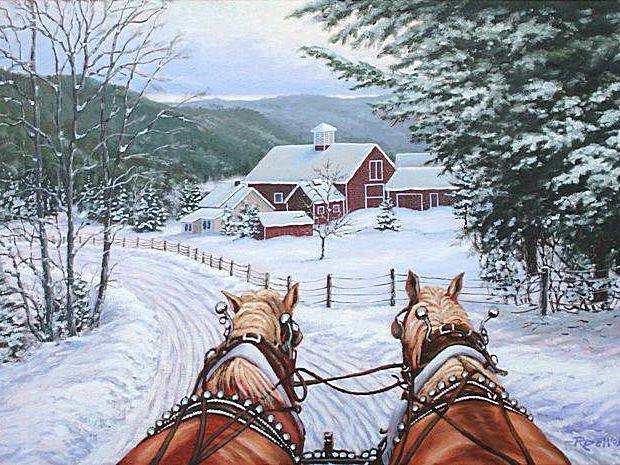 Дорогой длинною - дома, дорога, кони, зима - оригинал