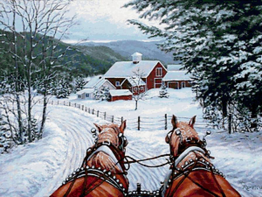 Дорогой длинною - кони, дорога, дома, зима - предпросмотр