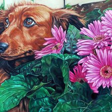 Схема вышивки «Собачка в цветах»