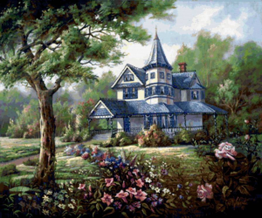 дачный домик - пейзаж, лето, природа, цветы - предпросмотр