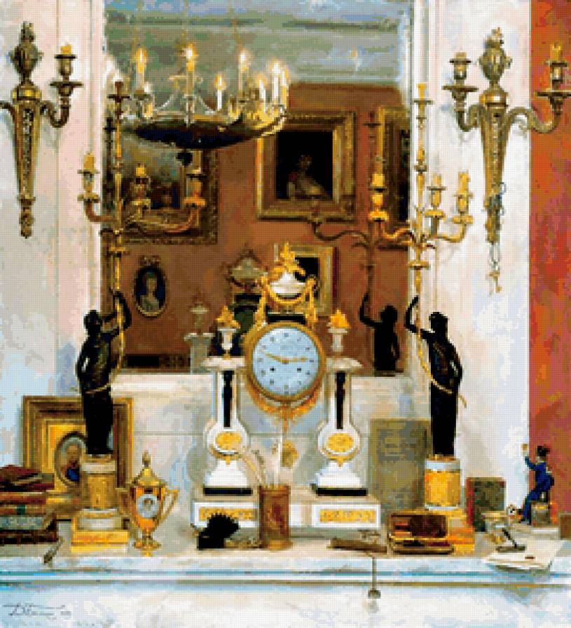 СЕРИЯ "НАТЮРМОРТЫ". КАМИННАЯ ПОЛКА - люстра, каминная, подсвечник, часы, зеркало, картины, свечи - предпросмотр