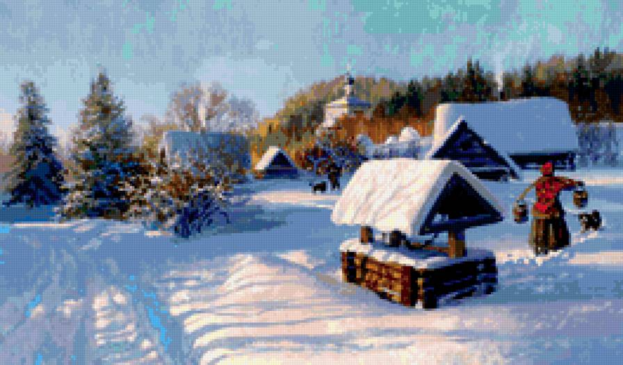 Пейзаж - деревня, снег.колодец, зима - предпросмотр