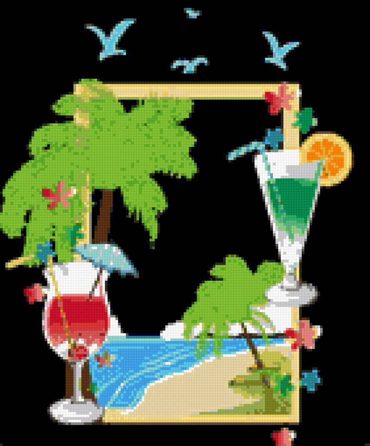 пляжный сезон - пляж, коктейли, пейзаж, берег, море, напитки, пальмы - предпросмотр