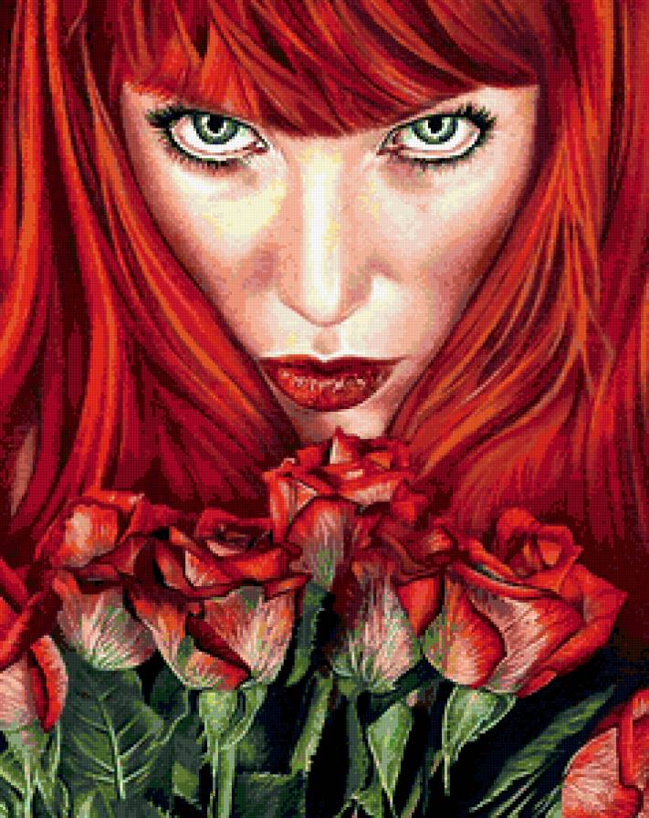 Розы цвета страсти - лицо, взгляд, девушка, букет, розы - предпросмотр