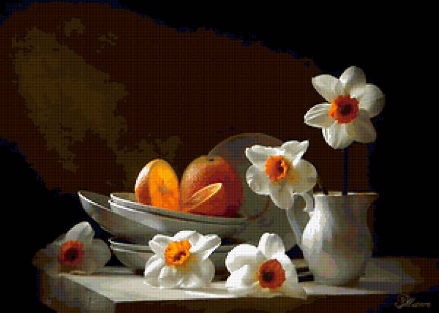 №386685 - фрукты, натюрморт, нарциссы, цветы, букет - предпросмотр