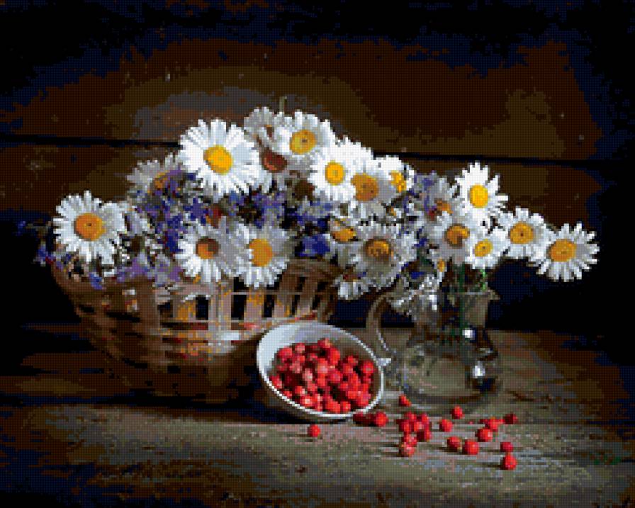 натюрморт - букет, земляника, лето, ромашки, ягоды, цветы, натюрморт - предпросмотр