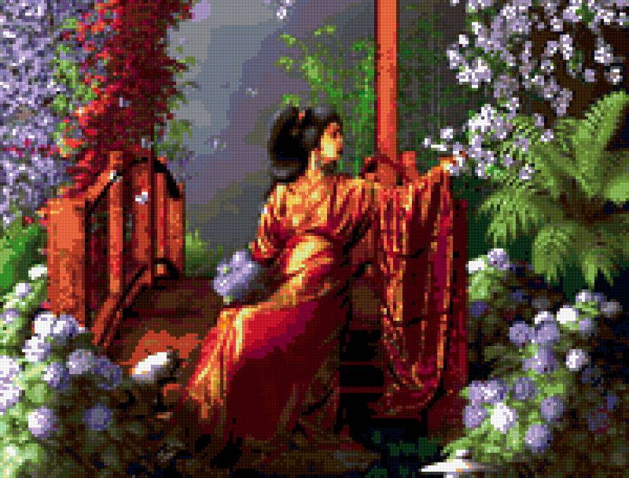 Гейша с цветами - цветы, девушка, пейзаж, восток - предпросмотр